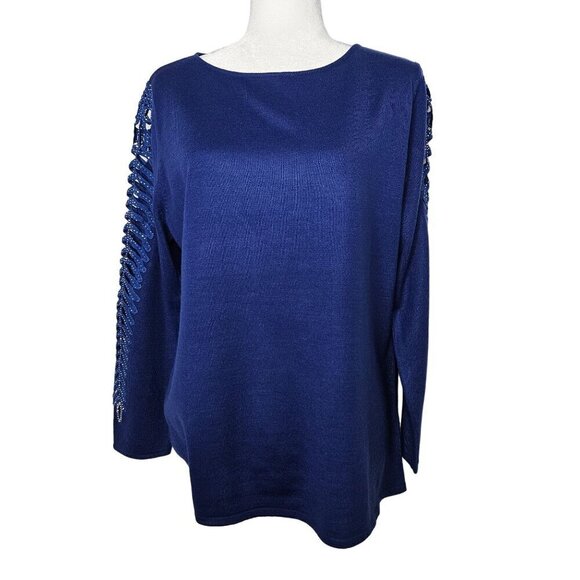 Alessa W Collection Decorative Cut Out Long Sleeve Blue Sweater Size 12 - Picture 3 of 12